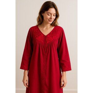 Vermont Country Store Womens Nightgown Sz 2X Red Embroidered Pockets Robe Cotton